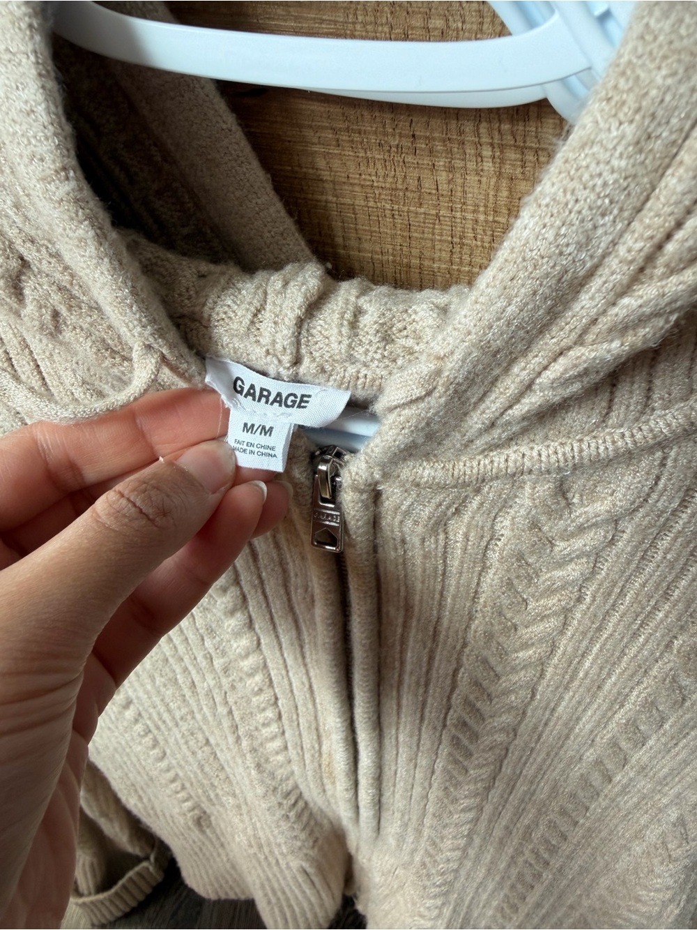 Women's Cable Knit Zip-Up Hoodie Sweater - Beige - Picture 5 of 5
